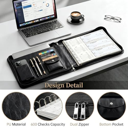 Toplive Zippered 7 Ring Business Checkbook Binder Extra-Large, 2Pack 7-Hole Pouch, 600 Checks Capacity, PU Leather Check Book Binder Cover with Multi-Pocket Design for Office & Business Use, Black