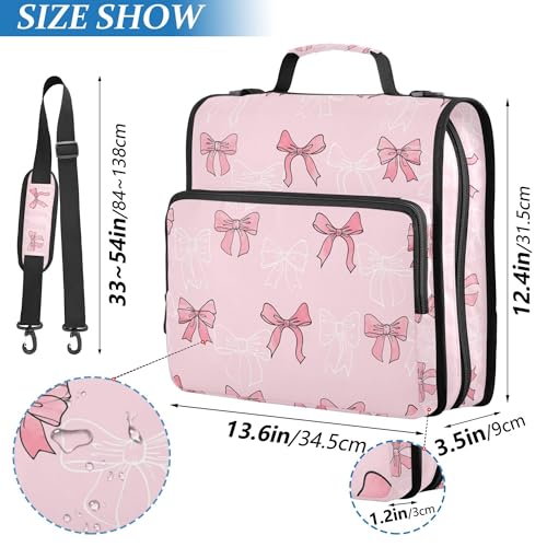 Cute Pink Bow Zipper Binder with Shoulder Strap, 500 Sheets Capacity, Multiple Pockets 1.5Inch 3 Ring Zipper Binder - color: Bow