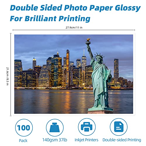 Uinkit Double Sided Glossy Photo Paper 8.5 x 11, 100 Sheets, 37 lb / 140gsm / 6.5mil, Thin Inkjet Paper for Dye Ink, Fast Dry for Brochures, Flyers, Menus, Chip Bags & Craft Prints - size: 8.5 x 11 x Glossy