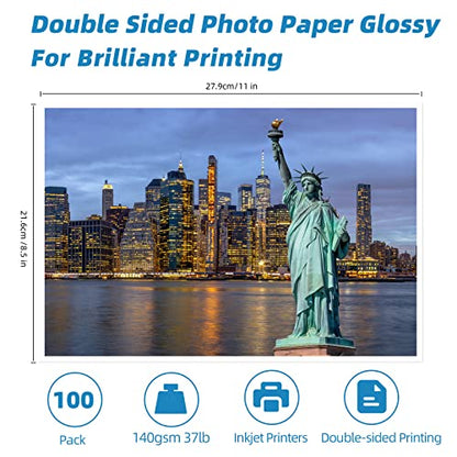 Uinkit Double Sided Glossy Photo Paper 8.5 x 11, 100 Sheets, 37 lb / 140gsm / 6.5mil, Thin Inkjet Paper for Dye Ink, Fast Dry for Brochures, Flyers, Menus, Chip Bags & Craft Prints - size: 8.5 x 11 x Glossy