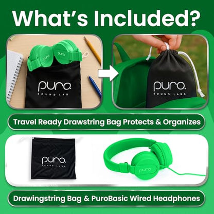 Puro Sound Labs Kids Wired Headphones – Volume-Limiting & Adjustable, Safer & Comfortable Headphones for Kids – Compatible with PCs, Smartphones & Tablets, Ideal for School & Travel – PuroBasic, Green - color: Green