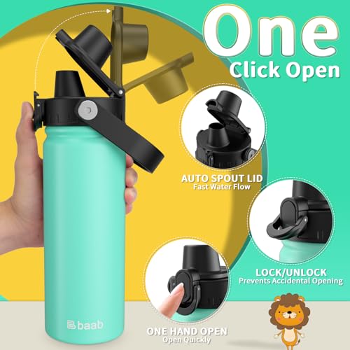 baab 18oz Kids Water Bottle, Insulated Kids Water Bottle with Lockable Spout Lid & Stickers, 18/8 Stainless Steel Vacuum Leakproof Kid Water Cup with Boy Girl & School (Mint Green, 1 Pack) - color: Mint Green, size: 18 Ounces