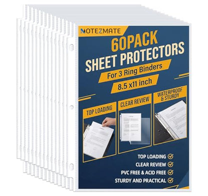60 Pack Sheet Protectors 8.5 x11 Inch,Clear Heavyweight Page Protectors for 3 Ring Binder, Top Loading Polypropylene Plastic Sleeves,Paper Sheets Protectors for School Office Supplie,Letter Size - size: Letter Size-60PCS