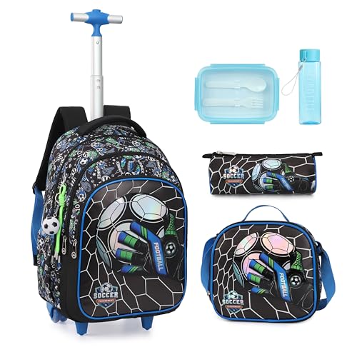 Cartoon Rolling Backpack for Boys Girls, Kids 5 Pcs Wheeled Backpack, Travel Backpack for Elementary Students (Football Black) - color: Football Black