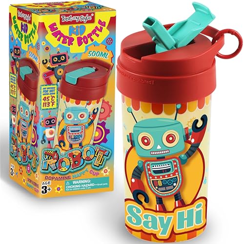 17oz Robot Kids Water Bottle, Toddler Spout Cover and Carry Handle Design Lid Leak Proof BPA free Cup for Boys Ages 3+ Dishwasher Safe for Sports School Travel with Silicon Straw