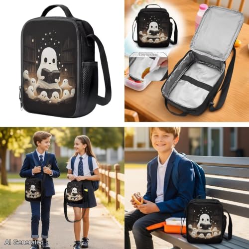 Cute Ghost Backpack for Girls Boys Backpack with Lunch Box Water Bottle Carrier Kawaii Pencil Case 4 in 1 Bookbag with Compartments 17 inch 1st 2nd 3rd School Bag for Kids Back to School - color: Cute Ghost