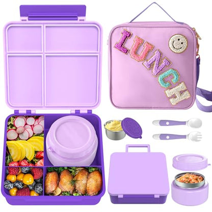 Aimsnk Lunch Box Kids with Thermo Insulated Lunch Bag for School, Purple | Bento Lunch Box for Kids with 8oz Food Jar, Leak Proof Hot Lunch Containers with 4 Compartment, Warm Lunchbox for Toddler - color: Purple