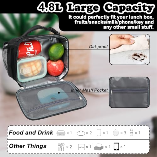 FlowFly Kids Lunch Bag, Durable Insulated School Lunch Box with Bottle Holder, Water-resistant Thermal Small Lunch Cooler Tote for Teen Boys & Girls,BlackWithLetter - color: BlackWithLetter