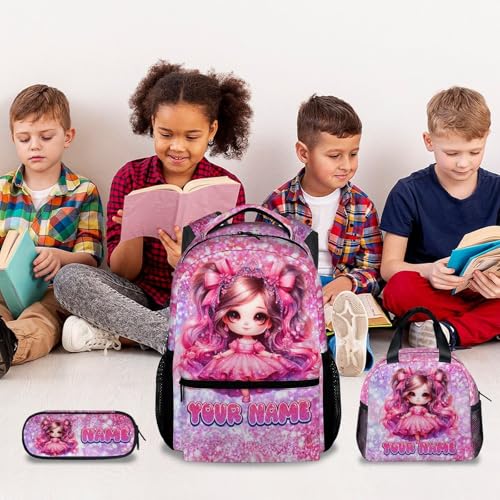 COZYAURA Girl Backpack for Girls Personalized with Name - 3-Piece School Bag Set with Insulated Lunch Box & Pencil Case for Kindergarten & Elementary Students - color: Red