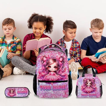 COZYAURA Girl Backpack for Girls Personalized with Name - 3-Piece School Bag Set with Insulated Lunch Box & Pencil Case for Kindergarten & Elementary Students - color: Red