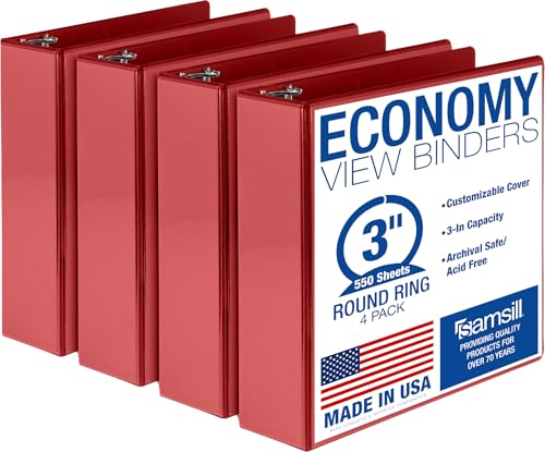 Samsill 3 Inch 3 Ring Binders, Economy Round Ring, Clear View Cover, 550 Sheet Capacity - for School, Home, Office - Red, 4 Pack - color: Red, size: 4-Pack, style: 3-Inch