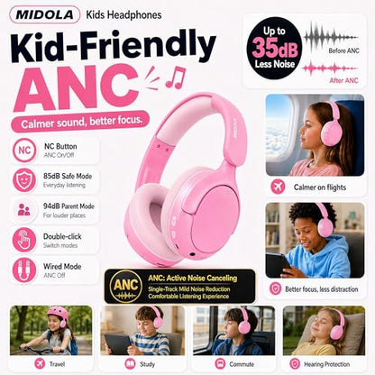 MIDOLA Kids Bluetooth Headphones Active Noise Cancelling,68H Play Time,Lightweight Wireless Foldable Over-Ear Headphone for Kid Toddler,Volume Limited 85/94dB,Headsets with Built-in Mic Pink - color: Pink