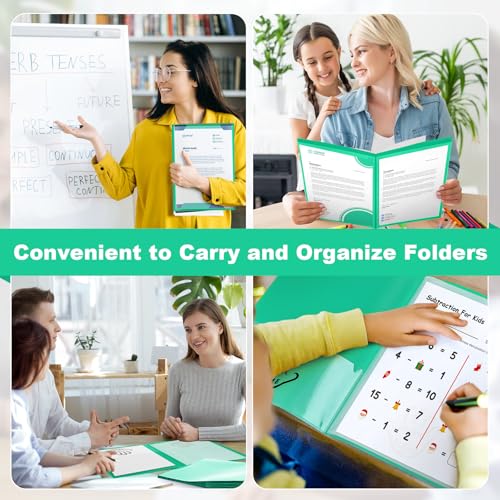 Henoyso 24 Pcs School and Home Folders with 2 Pockets and 4 Clear Inner Pockets, Heavy Duty Plastic Homework Communication Folder for Parent Teacher Student Home Classroom (Green)