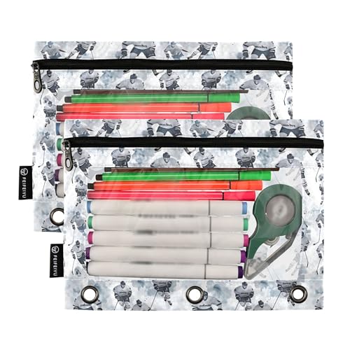 Hockey Player Binder Pouches 3 Ring for Boys Girls School Office College Supplies Slapshot Sports Ice Ball Pencil Pouches Case Bag with Clear Window and Zipper 2 Pack - color: Hockey