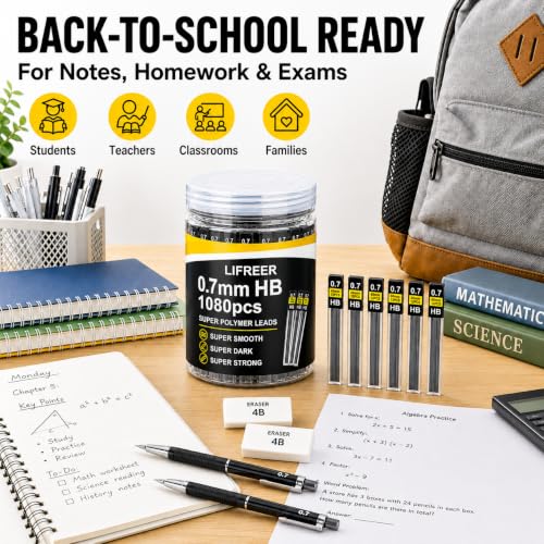 0.7 Lead Refills (1080 Pcs), Unbreakable 0.7 mm Lead Refills and 2 Premium Erasers, Long Lasting HB Pencil Lead 0.7 Refill,Mechanical Pencil Lead 0.7mm for Students & Professionals - style: 0.7 lead refills