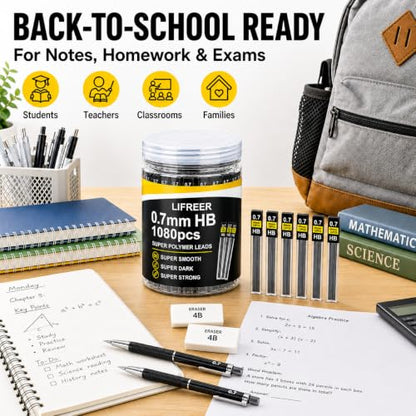 0.7 Lead Refills (1080 Pcs), Unbreakable 0.7 mm Lead Refills and 2 Premium Erasers, Long Lasting HB Pencil Lead 0.7 Refill,Mechanical Pencil Lead 0.7mm for Students & Professionals - style: 0.7 lead refills