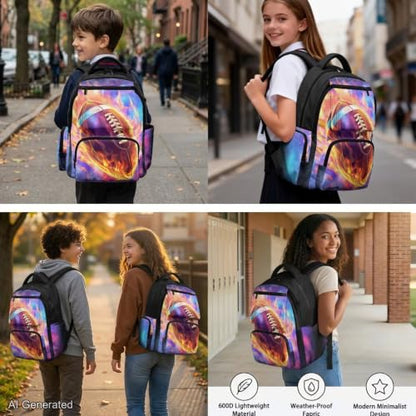 Flaming Football Backpack for Boys 8-12 Kids Backpack with Lunch Box Water Bottle Holder with Strap and Zipper Pencil Case 4PCS Set Bookbag with Compartments for School 17 inch Elementary - color: Flaming Football