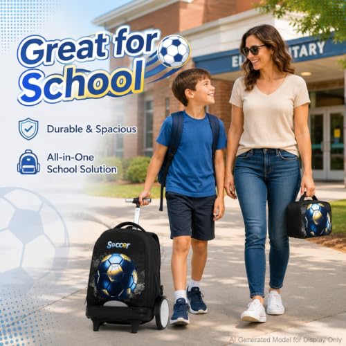 gxtvo Large Wheels & Quiet Glide | Rolling Backpack for Kids - Water-Resistant Wheeled Bag with Lunch Box for School, Travel & Outings - Black Gold Soccer - color: Rolling Backpack Gold Soccer Black