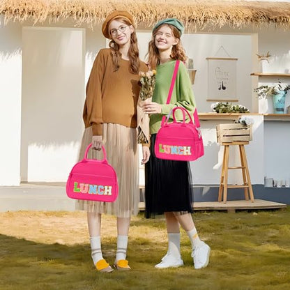 Lunch Bag for Girls and Women, Cute Preppy Lunch Bag with Chenille Letters, Insulated Large Capacity Lunch Tote with Detachable Strap for School, Work & Picnic, Rose Red - color: Rose Red