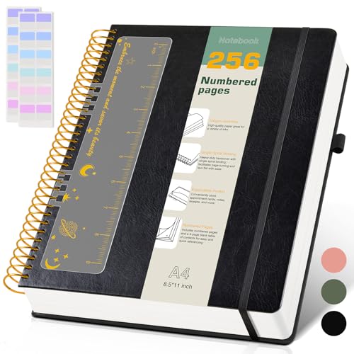 A4 Spiral Notebook Journal 8.5” x 11”, 256 Numbered Pages Hardcover Leather Journals for Women Men, Large Lined College Ruled Notebooks, 100GSM Thick Paper, Spiral Bound Journal for Work School, Black - color: Black, size: A4