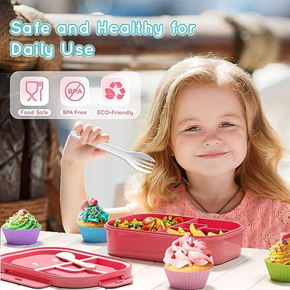 Bento Box Kid Adult Lunch Box 2 Pack, Leakproof Bento Lunch Container 4 Compartment Bento-Style Lunchbox with Utensil Set, On-the-Go Meal and Snack Packing for School, Work, Picnic - color: Pink & Blue