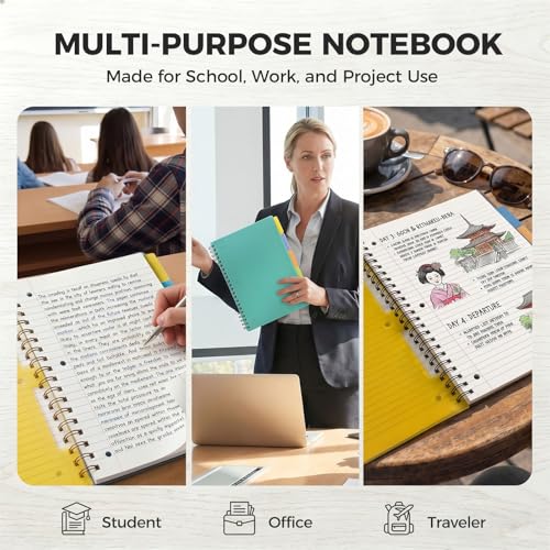 Koogel Spiral Notebook with Tabs, 5 Subject Spiral Notebook Wide Ruled with Removable Dividers, 200Pages Lined Journals for Women Journals Note Taking Work School Gifts, 8.5x11Inch, Green - color: green