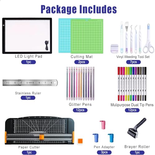 The All-in-One Tool Set for Cutting Machine - Beginner-Friendly Craft Kit with Weeding Tools, LED Light Pad, Paper Cutter, Cutting Mats, Brayer Roller, True Control Knife for Crafting Projects - color: Essential Tools
