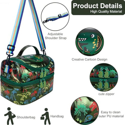 RHCPFOVR Kids Lunch Bag - Double Decker Cooler Insulated Lunch Box for Boys Girls,Washable Lunch Bag and Reusable Toddler Lunchbox for School and Daycare - color: Dinosaur