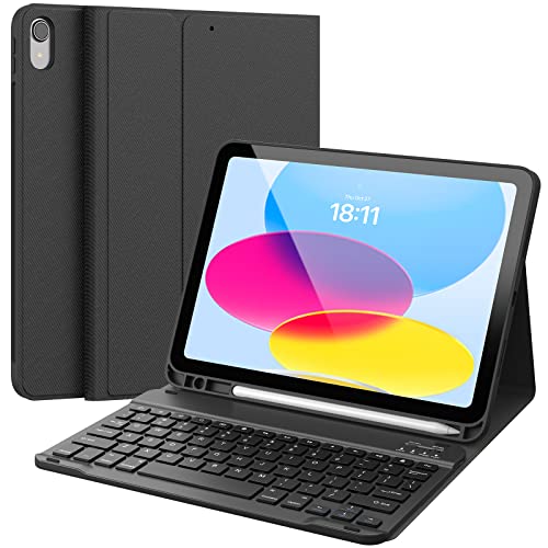 CHESONA Keyboard Case for iPad A16 11th/10th Gen, Black | Detachable Wireless Keyboard, Multi-Angle Folio Stand, Built-in Pencil Holder, Thin & Lightweight Design - color: Black
