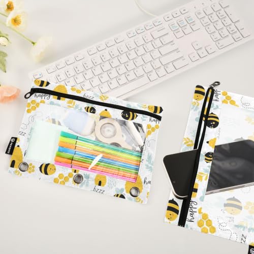 Gredecor 3 Ring Binder Pencil Pouch, Funny Bees Beehive Herbs Flower Zippered Pen Case Pouches with Clear Window, 2 Pack Stylish Office & School Supplie - color: Bees Beehive Herbs Flower