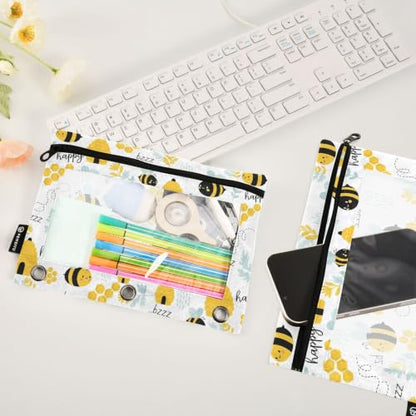Gredecor 3 Ring Binder Pencil Pouch, Funny Bees Beehive Herbs Flower Zippered Pen Case Pouches with Clear Window, 2 Pack Stylish Office & School Supplie - color: Bees Beehive Herbs Flower
