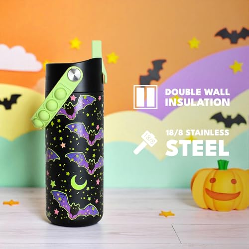 Elemental Insulated Kids Water Bottle, Stainless Steel Water Bottle with Straw Lid & Pop-It Handle, Leak-Proof Water Bottles for School, Boys or Girls, Travelling and Sports, 18oz - Glow Bats - color: Glow Bats