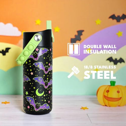 Elemental Insulated Kids Water Bottle, Stainless Steel Water Bottle with Straw Lid & Pop-It Handle, Leak-Proof Water Bottles for School, Boys or Girls, Travelling and Sports, 18oz - Glow Bats - color: Glow Bats