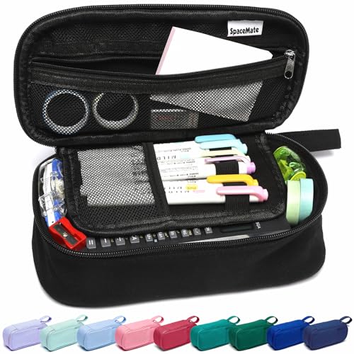 SPACEMATE Pencil Case Pouch Box Bag School Supplies Girls Boys Kids, Cute Preppy Stuff Large Big Capacity Aesthetic Pen Organizer, Back to College Stationary, Coal Black, Heavy Duty Canvas, 1800ml - color: Coal Black