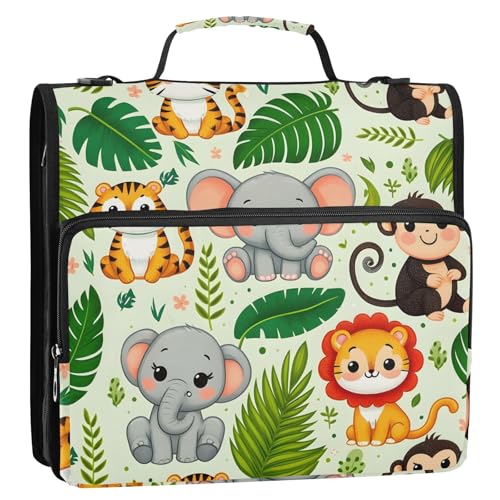 3 Ring Zipper Binder with Shoulder Strap Jungle Animals Palm Leaf 2 Inch Zippered Binder Bag 500 Sheet Capacity Multi Pockets for School Supplies - color: Multi1