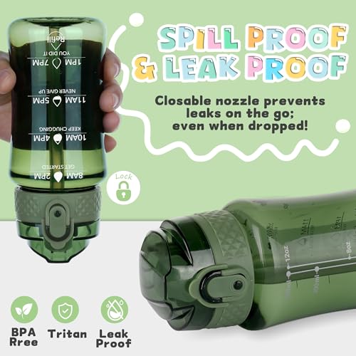 OLDLEY 12oz Kids Water Bottle, Tritan BPA-Free, Leakproof Flip Straw Lid, Motivational Time Marker, Carry Strap, Reusable Clear Water Bottle for Boys & Girls,Jade - color: Jade, style: 12 Ounces
