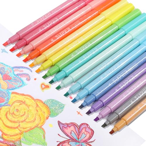 HANKU Glitter Highlighter Markers, 16-Count, Chisel Tip Glitter Highlighters Assorted Colors, Sparkly Markers for Adult Coloring Journaling Art Supplies - color: Set of 16 glitter highlighters