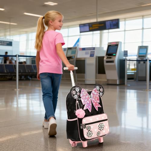 Meetbelify Backpack with Wheels for Girls Rolling Backpack Cute Carry on Backpack Kids Luggage with Lunch Box Pencil Case for Elementary Student - color: Bowknot Pink