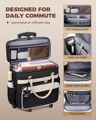 Ytonet Rolling Laptop Bag with Insulated Lunch Box, 15.6 In Rolling Briefcase for Women with Large Cup Holder, Detachable Trolley Roller Underseat Bags for Work, Office, Teacher, Travel, Black Beige - color: Black Beige