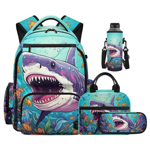 Cartoon Shark Backpack for Boys Kids Backpack with Lunch Box Water Bottle Holder and Soft Pencil Case 4 Pcs Set 17 inch Sturdy Bookbag with Front Pocket for School Lightweight School Bag - color: Cartoon Shark