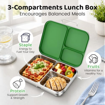 Pawtong Stainless Steel Bento Box for Kids and Adults, 3 Compartment Leakproof Lunch Box with Removable Silicone Seal and Silicone Contianer, Metal Lunch Container for School, Work and Travel (Green) - color: Green