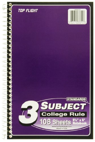 Top Flight Standards 3-Subject Wirebound Notebook, 108 Sheets, College Rule, 9.5 x 6 Inches, 1 Notebook, Cover Color May Vary (33601)