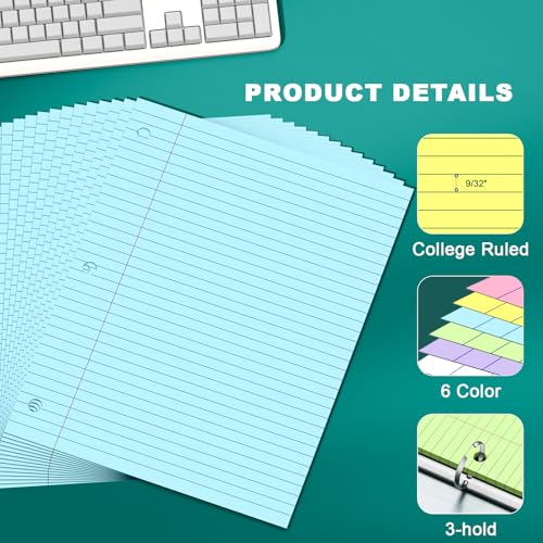 Note Pads 8 X 10.5 Loose Leaf Paper, 120Sheets, 3 Hole Punched Lined Paper, College Ruled 8 X 10.5 Notebooks, 10-1/2" X 8 Binder Writing Pads, Filler Paper For Engineering, Office, School Supplies - style: 6 Color-College Ruled-1 Pack