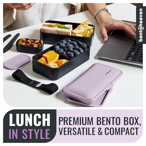 Bentoheaven Bento Box Adult, Stackable Lunch Box, 40 oz, Violet Me Go | BPA-free, leakproof and microwave-safe with 2 compartments, utensils, chopsticks, divider and sauce cup for men and women. - color: Violet Me Go