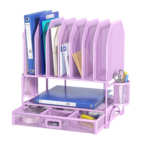 FANXIYQ Metal Desk Organizer with Sliding Drawer, 7-Section File Organizer for Desk, Desktop File Folder & Paper Organizer with 2 Hanging Pen Holders, Office Supplies Organizer, Purple - color: Purple
