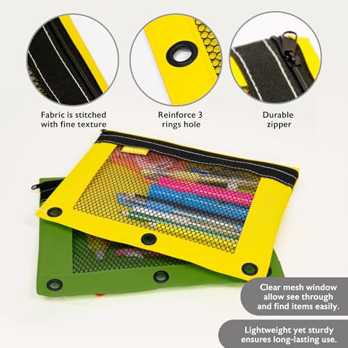 BAZIC PRODUCTS Bright Color 3-Ring Pencil Pouch with Mesh Window, 144-Case | clear mesh window and a zipper closure for pens, pencils, supplies - size: 144 Count (Pack of 1)