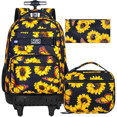 3Pcs Rolling Backpack for Girls Women, Travel Roller Backpacks with Wheels for Adults, Teens College Sunflower Wheeled Bookbag with Lunch Box(Yellow) - color: Sun Flower