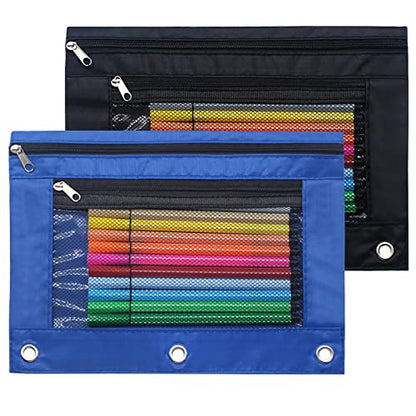 Pencil Pouch 3 Ring Binder Pouch Zippered Pencil Case Canvas Pencil Bag with 2 Compartments (Set of 2, Black and Blue) - color: Black and Blue