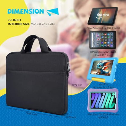 7-8 Inch Tablet Sleeve Carrying Case for Fire 7 Kids, Fire HD 8 Kids/Kids Pro, Fire HD 8 Tablet /8 Plus Tablet 2024-2022, All Versions of Fire 8/7 Kids Edition, iPad Mini 7/6/5/4 Tablet Bag, Black - size: 7-8 Inch