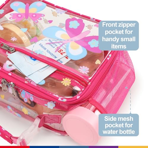 Bagseri Clear Kids Lunch Bag - School Snack Bag with Bottle Holder | Side Pocket, Buckle Handle, Wide Opening, PEVA Lining, School Kids Lunch Box, Clear Toy Bags, Pink Butterfly - color: B-rose pink butterfly